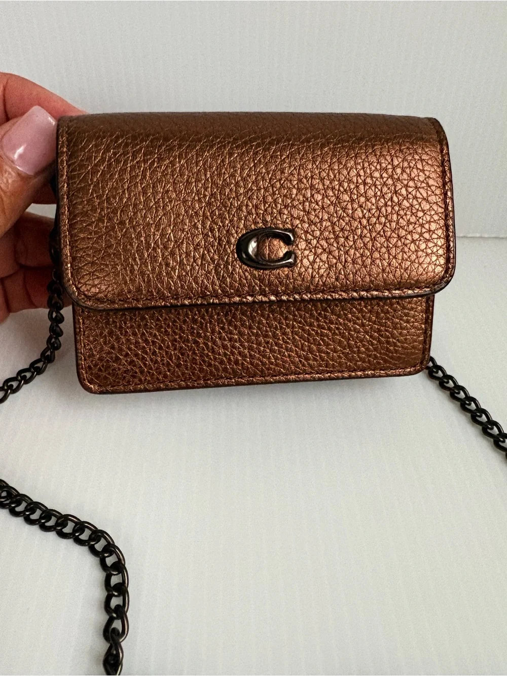 Coach Half Flap card Case Crossbody Bag Pewter Metallic Bronze Chain Strap NWOT